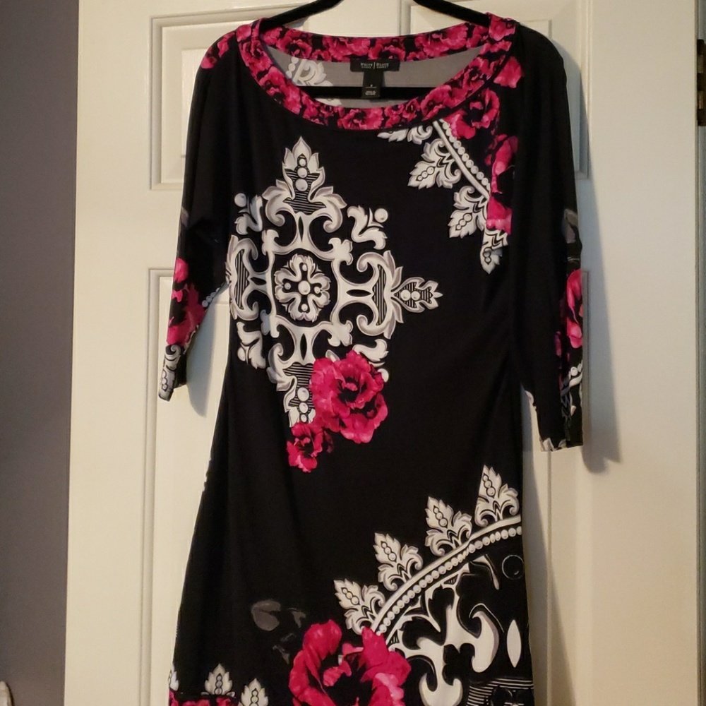 Black white and rose knit dress